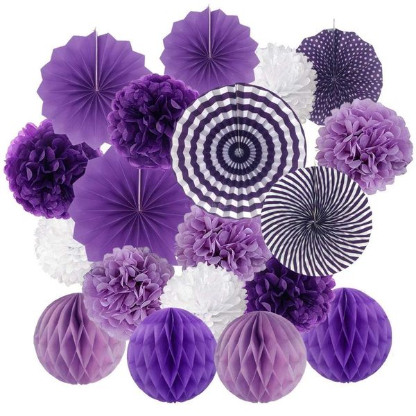 FUPUTWO Party Decoration Set, Paper Fan, Honeycomb Ball, Flower, Event Decoration (Purple)