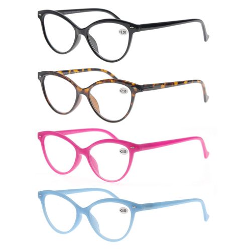 MODFANS Women Reading Glasses 1.5 4 Pack Fashion Colors Cat Eye Readers for Ladies Compact Spring Hinge Lightweight Frame Includes Pocket