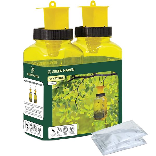 Green Haven 2 Pack Fly Catcher - Refillable Outdoor Fly Trap - Insect Attractant for Outdoor Use - Insect Trap - Fruit Flies Traps Indoor & Outdoor - Re-Usable Fly Killer - Garden/Indoor Fly Trap