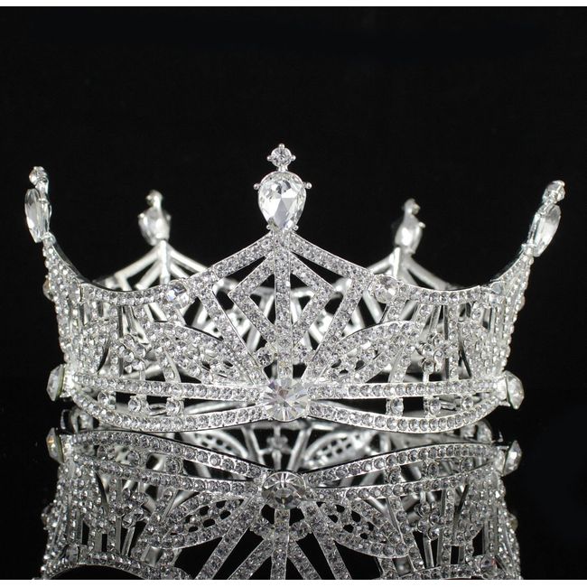 Miss America Crown Clear Austrian Rhinestone Crystal Hair Tiara Beauty Queen Princess Hair Jewelry Round Crown Pageant T1299 (Silver-Tone)