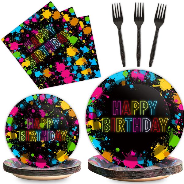 96 Pcs Neon Party Paper Plate and Napkins Neon Birthday Party Decorations Glow in the Dark Birthday Paper Supplies Disposable Glow Tableware for Party Favors 24 Guests