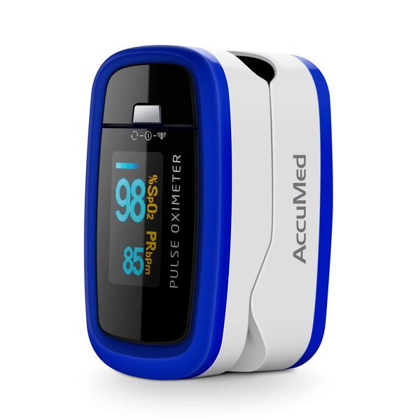 AccuMed CMS-50D1 Fingertip Pulse Oximeter Blood Oxygen Sensor SpO2 for Sports and Aviation. Portable and Lightweight with LED Display, 2 AAA Batteries, Lanyard and Travel Case (Blue)