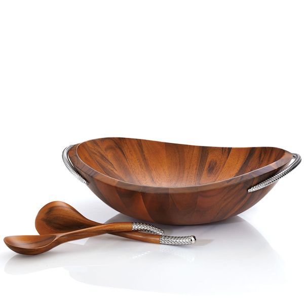 Nambe Braid Salad Bowl with Servers | 3-Piece Set | Large Wooden Serving Bowl for Caesar Salad, Large Salads | Big Salad Bowl with Serving Utensils | Made of Chrome & Acacia Wood (20” L x 16” W)