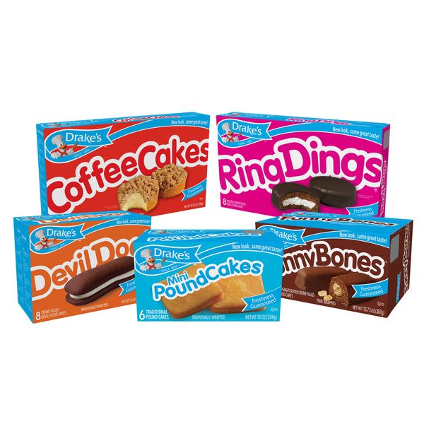 Drake's Variety Pack, 1 Box Each Of Coffee Cakes, Devil Dogs, Pound Cakes, Ring Dings, and Funny Bones, 40 Piece Assortment