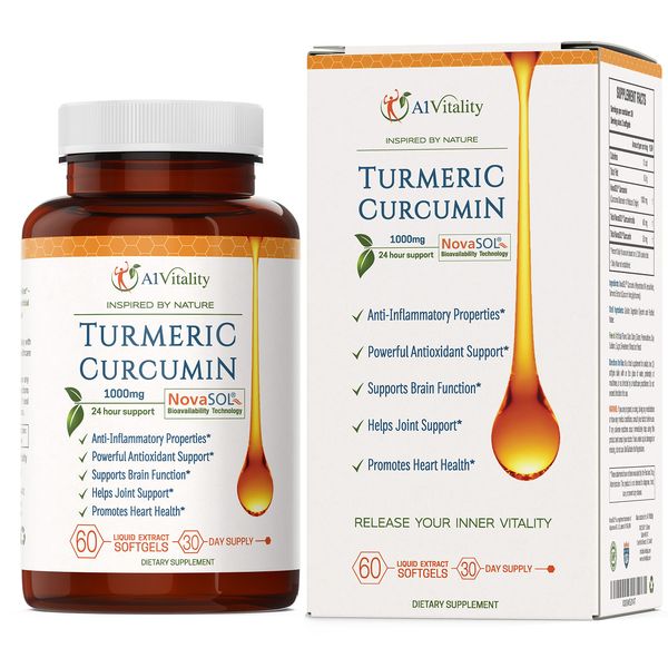 A1Vitality Turmeric Curcumin NovaSOL Supplements 1000mg More Potent Than Bioperine - Inflammation, Joint Pain Relief - 185x Bioavailable Than Turmeric Black Pepper Capsules – Natural Softgels