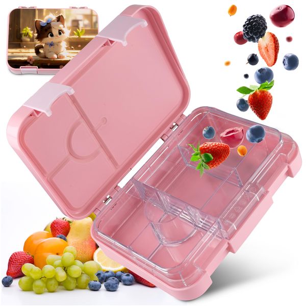 Boks184 Brotdose Kinder mit Fächern - Bento Box auslaufsicher - robust - BPA Frei Lunchbox Kinder - Brotbox Kinder für Schule, Kindergarten & Ausflüge - Snackbox -Vesperbox Kinder (Katze rosa)