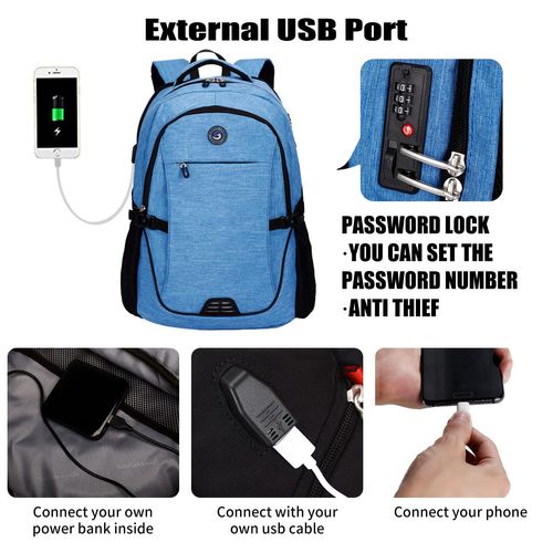 SHRRADOO Anti Theft Laptop Backpack Travel Backpacks with usb Charging Port for Women Men College Backpack Computer Bag Fits 17 Inch Laptop,Sky Blue