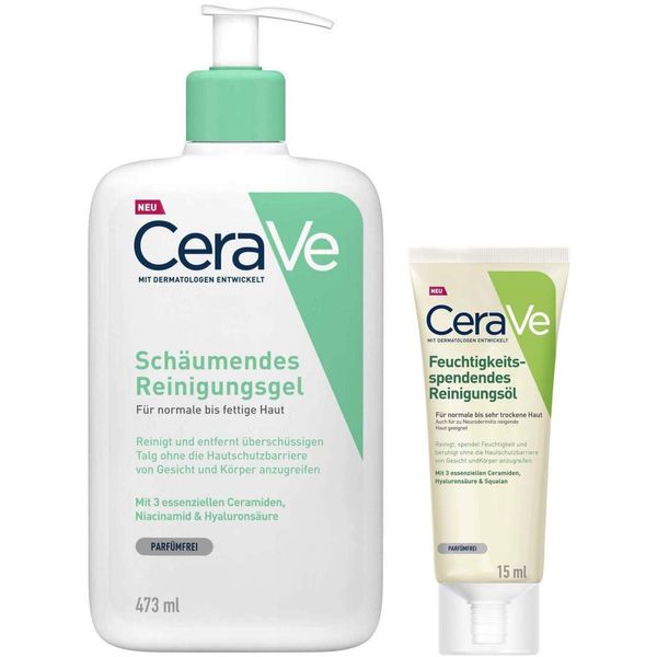 CeraVe schäumendes Reinigungsgel 473 ml + gratis Reinigungsöl 15 ml - Für normale bis fettige Haut - Stärkt die