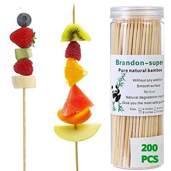 Bamboo Skewers 6 Inch 200 Pcs Natural BBQ for Shish Kabob Grill Appetizer Fruit Corn Chocolate Fountain 20 cm