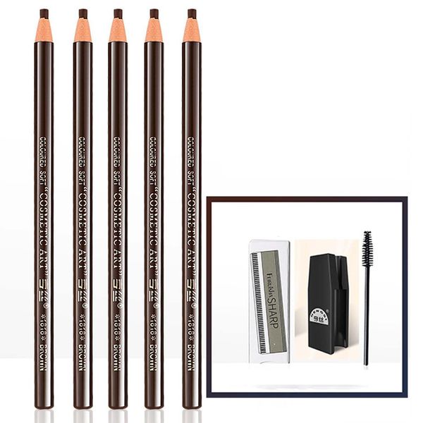 5PCS Wasserdichter Augenbrauenstift, Dunkelbraun Augenbrauenstift Härchenzeichnung, Eyebrow Pencil Set für Lang Anhaltend Wischfest, Dichter Wirkende, mit Bleistiftspitzer+Brauenschneider+Bürste