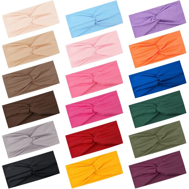 FEQO 18 Stück Haarband Elastische Damen Stirnbänder Breite Verknotet Stirnband Kopfband Turban Elastische Haarschmuck Knoten Stirnbänder für Yoga Sport Fitness, 18 Farben