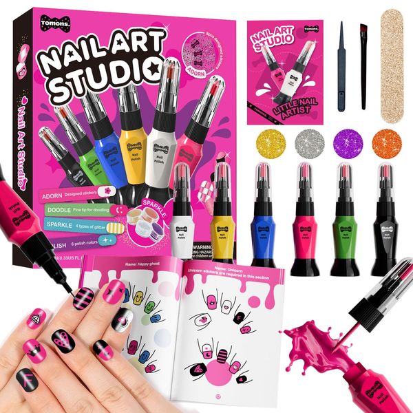 Tomons Kids Nail Polish Set for Girls, Nail Art Kit with Pens,Glitter,Stickers-Quick Dry& Non-Toxic Nail Polish, Ideal Birthday Christmas Gifts for 6-12 Years Old Kids