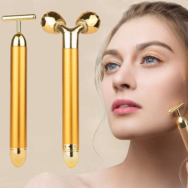 2 IN 1 Face Massager Roller Gold Facial Massager, Electric 3D Face Roller and T Shape Arm Eye Nose Head Massager Instant Face Lift Anti Wrinkles