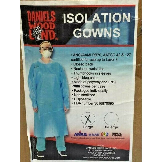 12-DANIELS WOODS LAND Disposable Isolation Gowns -Size Large (Pack of 12) Blue