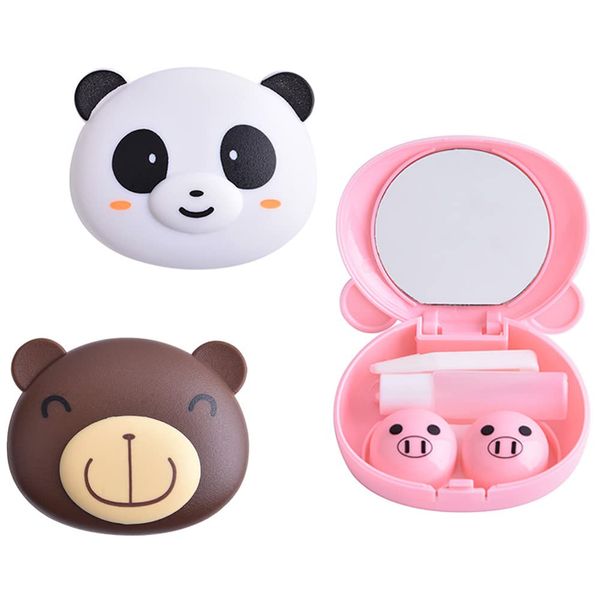 DoyiFun 2 Pcs Pink Pig Contact Lens Case Travel Kit, Cute Portable Panda Bear Animal Contact Lens Box Holder Soak Storage Container with Mirror Bottle Tweezers Stick Remover Tool(Random 2 Style)