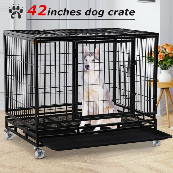 42" Large Dog Crate Cage Heavy Duty Dog Kennel With Tray Double Doors & Locks