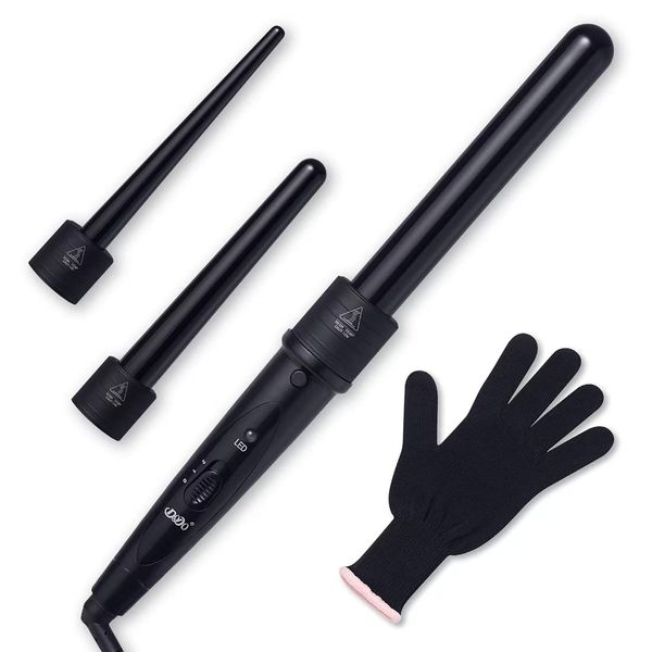 3 in 1 Curling Wand Set, Hair Curling Iron Set with 3 Interchangeable Curling Iron Ceramic Barrels with Heat Resistant Glove - Black