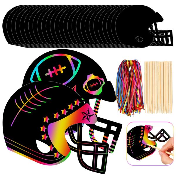 Syhood 64 Pcs Football Scratch Paper Crafts Kit Football Helmet Scratch Cards Ornaments with Wooden Stylus and Ribbons for Adults Crafts Painting Party Supplies