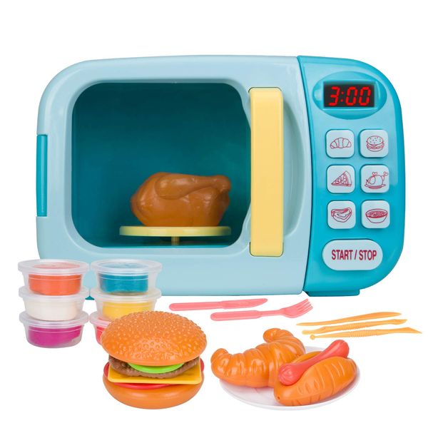 Microwave Toys Kitchen Play Set with Light Sound,Kids Pretend Play Electronic Oven with Play Food and 6 Color DIY Play-Dough for Children Ages 3+ Years (Blue)