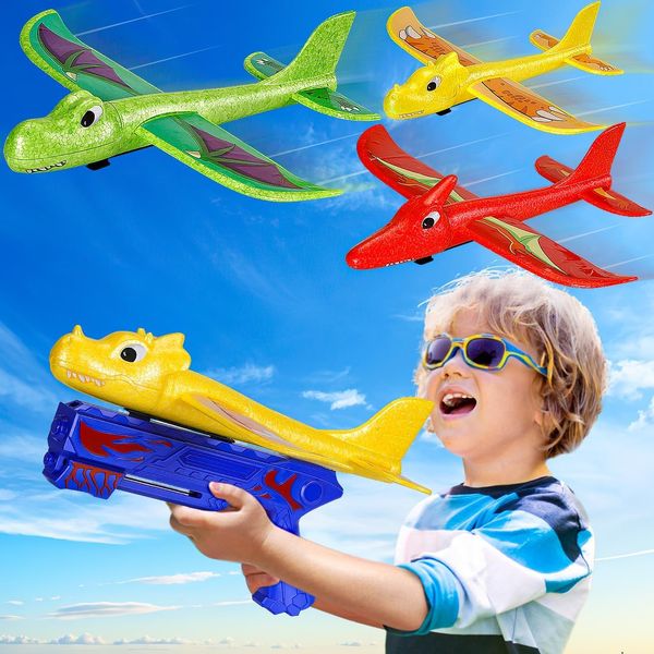 NARRIO 3 Pack Dinosaur Airplane Launcher Toys for Kids Ages 4-8: 2 Flight Modes Foam Glider Plane Toys for Kids 3-5 - Garden Outdoor Toys Birthday Gifts for 3 4 5 6 7 8 Year Old Boys