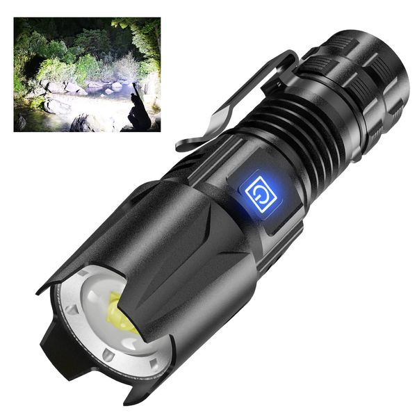 Rechargeable Mini Flashlight High Brightness Tactical Stepless Dimming LED Flashlight 20000 Lumens XHP50 Ultra Bright Small Flashlight 4 Lighting Modes, IPX5 Waterproof Zoomable Flashlight with Clip,