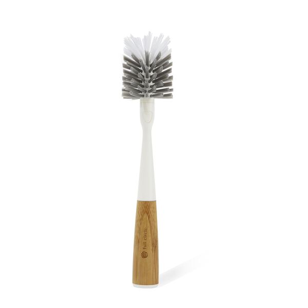 Full Circle Clean Reach Bottle Brush with Replaceable Bristle Brush Head, Bamboo Handle, White