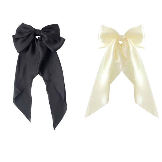 OSUWLSI 2 Stück Haarspangen Mit Großer Schleife Weicher Seidiger Satin-Haarspange Langer Schwanz Französisches 90Er-Jahre Bowknot-Clips Für Party Weihnachten Frauen Mädchen (Schwarz, Weiss)