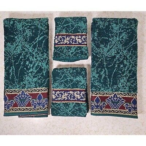 Vtg Fieldcrest Bath Towel Green Fluer De Lis 80s Baroque Emerald Set 4 Hand Face