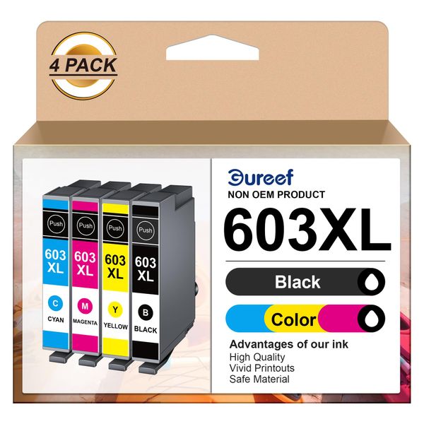 Gureef 603XL Ink Cartridges Multipack Replacement for Epson 603 XL for Expression Home XP-3100 XP-4100 XP-2100 XP-2105 XP-3105 Workforce WF-2810 WF-2830 WF-2835 WF-2850 Printer (B/C/M/Y, 4-Pack)