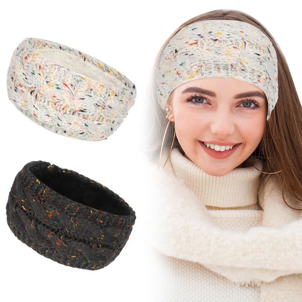 FRIUSATE 2 Pcs Winter Cable Knit Headbands Women Ear Warmer Knitted Thermal Twist Headbands Elastic Knitted Headband Head Wrap for Girls Women Ladies Winter Christmas(Beige+Dark Gray)