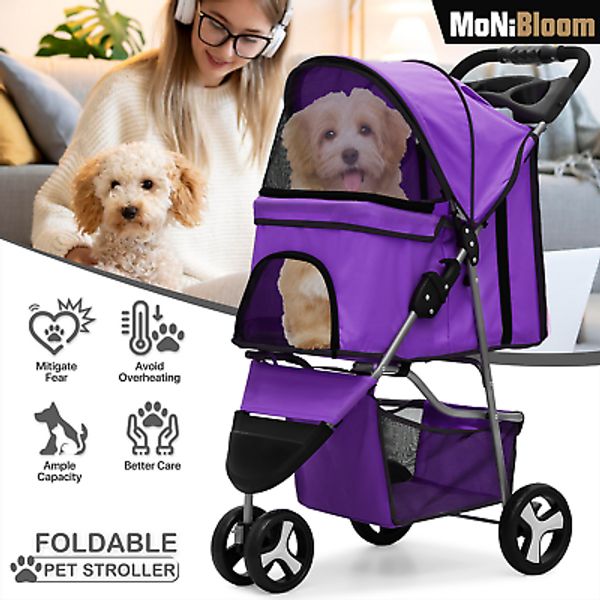 Purple Pet Dog Stroller Foldable Travel Carrier Portable Cat Cage w/Cup Holder