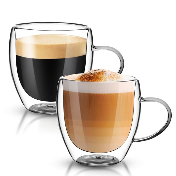 Dyserbuy 2 Pack Double Walled Glass Mug, Cappuccino Drinking Cups, Insulated Glass Coffee Cup with Handle, Perfect for Espresso, Latte, Espresso, Tea, Juice, Beverage (250ml/ 8.5oz)