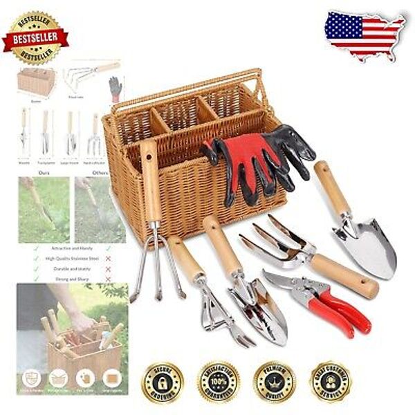 Elegant 8-Piece Gardening Tool Set: Sturdy Steel & Ergonomic Design in Basket