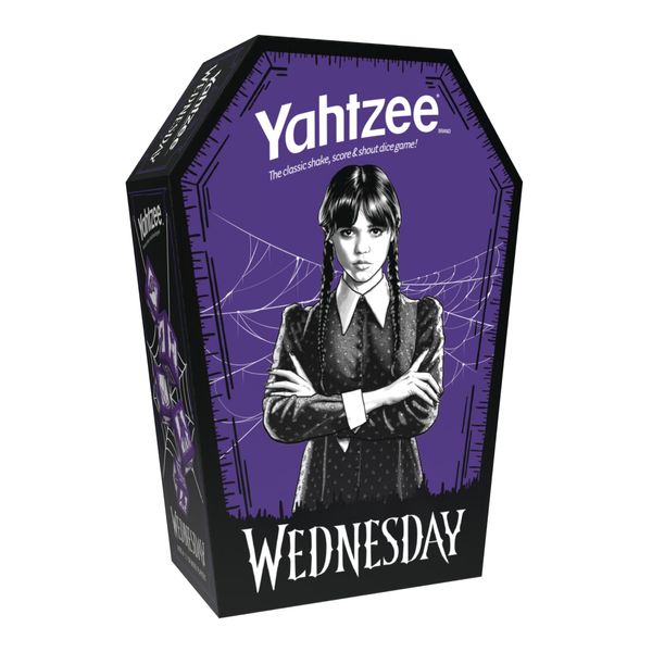 Yahtzee: Wednesday Dice Game, Collectible Flocked Interior Coffin Dice Cup, Classic Game Based on Addams Family Character Wednesday Addams, Officially Licensed Wednesday Game & Merchandise