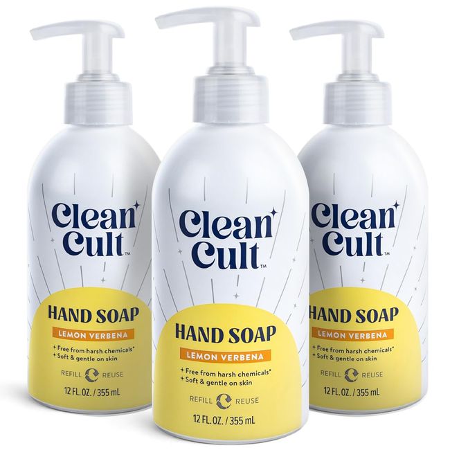 Cleancult - Lemon Verbena - Moisturizing Liquid Hand Soap - Refillable Aluminum Bottle - Made with Aloe Vera - Nourishes & Moisturizes Dry & Sensitive Skin - 12 oz - 3 Pack