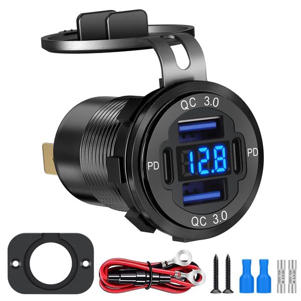 Linkstyle USB Car Charger Socket, Dual PD Type C & Dual QC3.0 USB Charger Power Outlet Panel with LED Voltmeter for Car Boat