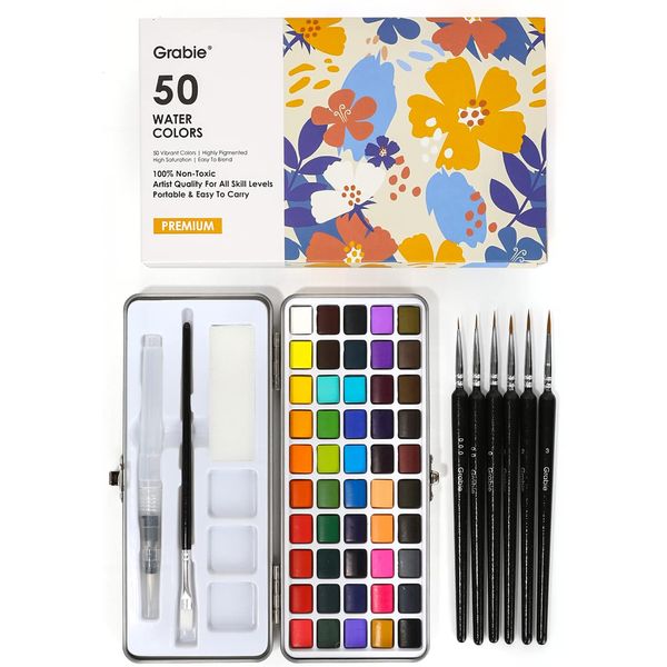 Grabie Watercolor Paint Set, Great for Painting, 50 Colors, Detail Paint Brush Included, Art Supplies, for Artists, Amateur Hobbyists and Painting Lovers