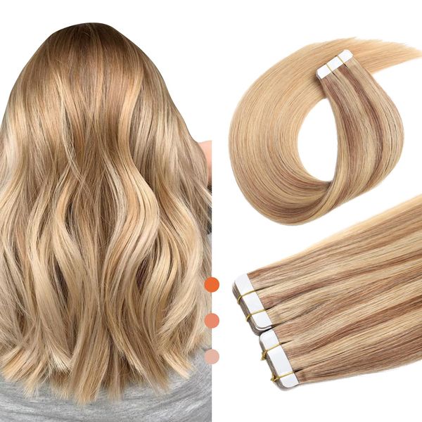 XDhair Tape Extensions Echthaar Ashblond bis Bleach Blonde 20pcs 50g 35cm Remy Echthaar Extensions Invisible Tape in Extensions Echthaar Seidig Gerade Remy (#10/16/16-14)