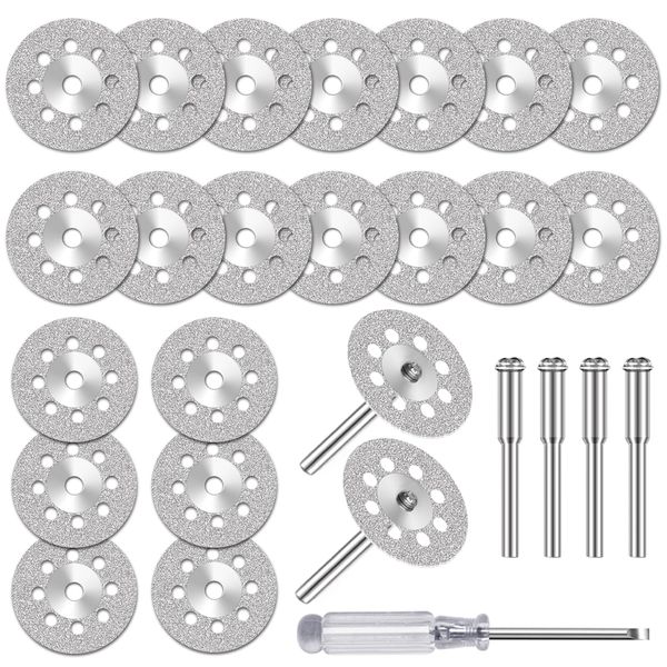 20 Stück Diamant Trennscheiben (22mm) für Dremel Rotationswerkzeug Zubehör, Mini Diamantscheibe mit 4 Stück 3 mm Dorn für Stein Glas Fliese