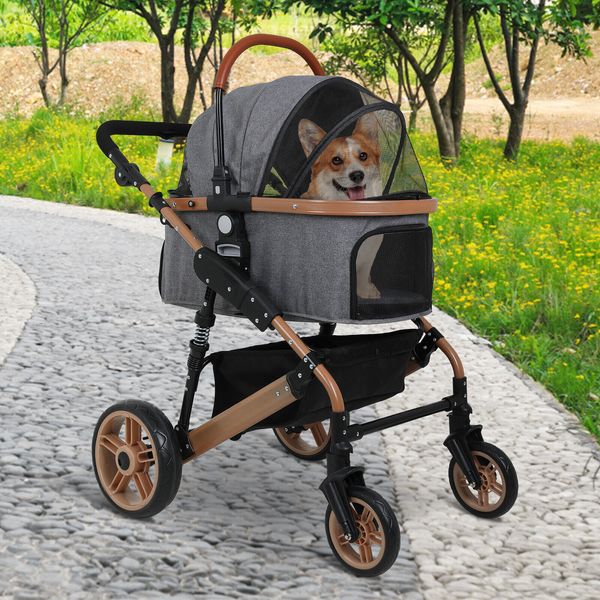 Pet Cat Dog Stroller 3-in-1 Multifunction 4 Wheels Stroller w/Detachable Carrier