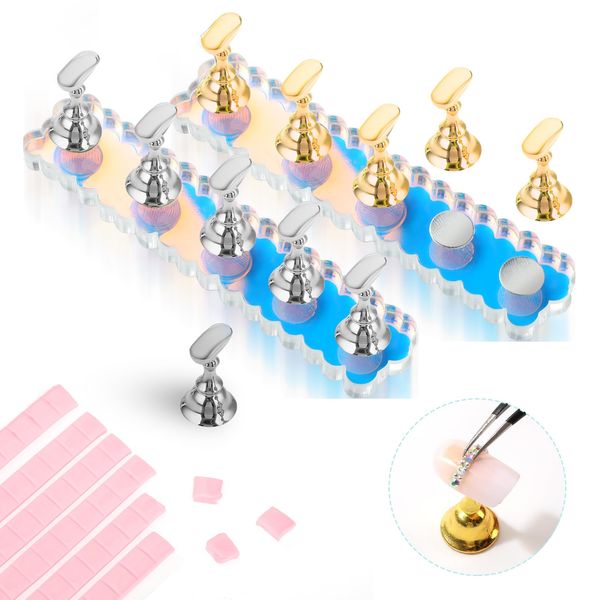 Prasacco 2 Sets Nail Stand for Press On, Aurora Nail Holder for Painting Nails Nail Display Stand with 96 Pcs Sticky Putty Magnetic Press On Nail Stand Nail Practice Tools for Homes Salons(Laciness)