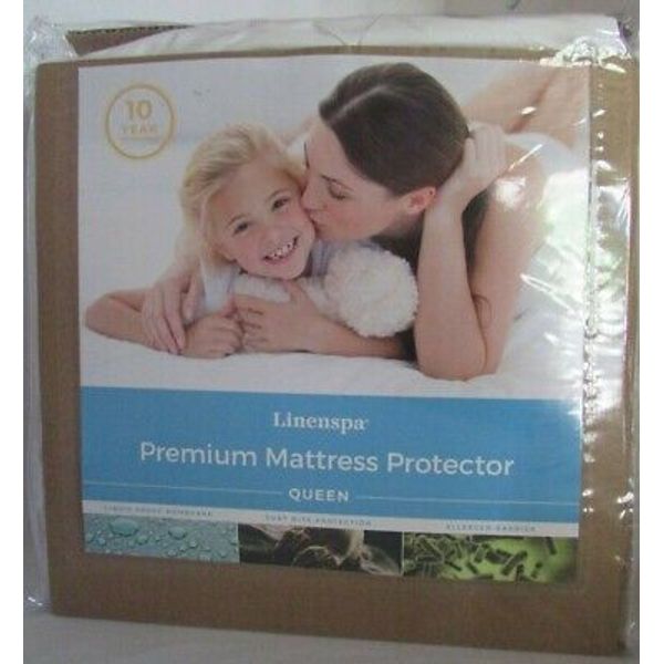 Linenspa Premium Mattress Protector Queen White Blocks Liquids & Allergens NEW