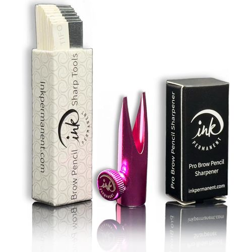 Pink Metal Eyebrow Pencil Shaper with 10 Razors | Waterproof Peel-Off Brow Pencil Sharpener | Eyebrow Mapping Kit.
