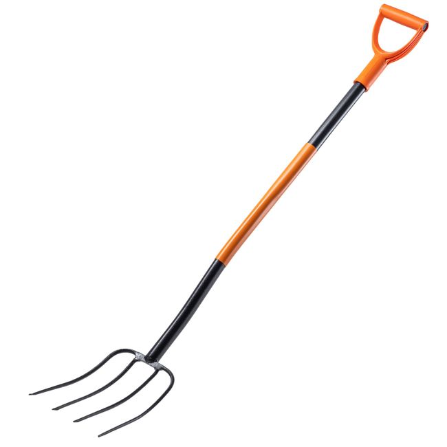 KADAX Spatengabel aus Stahl, 132 cm Lange Gabel, Heugabel, Grabgabel zum Umgraben, ergonomische Gartenforke, Mistgabel, Gabel mit D-Griff, Gartengabel (4 Zinken, schwarz/orange)