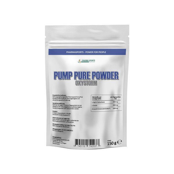 Pharmasports Pump Pure Powder Stickstoffmonoxid - NO2 - Arginin, Citrullin, Amaranth Extrakt (Oxystorm®) Pre-Workout Booster ohne Koffein, Trennmittel, Farbstoffe usw Made in Germany