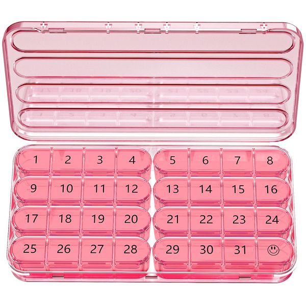 Zoksi Monthly Pill Box Organiser 1 Time a Day,30 Day Tablet Organizer,One Month Medicine Storage Box,31 Day Pill Case for Travel,with 8 Portable Compartments for Vitamin,Supplement & Medication(Pink)