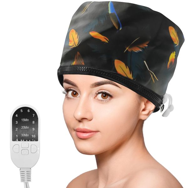 Hair Steamer Cap, Portable Hair Care Hat with 10 Mode Temperature Control, 110V Electric Heating Cap for Hair SPA Beauty Steamer Nourishing Hat Hair Thermal Treatment Cap (Black Feather)