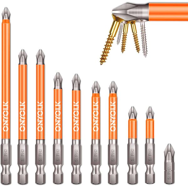 OnYolk 10-Piece Phillips Magnetic Screwdriver Bit Set, S2 Alloy Steel Anti-Slip Long Drill Bits, 1/4 Hex Shank, Fine Tooth Design, Strong Magnetism, Size 1"- 5", PH2