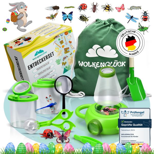 WOLKENGLÜCK® Forscherset für Kinder [ab 3 Jahre] - großes Entdecker-Set für neugierige Insekten- und Naturforscher - mit Becherlupen, Insektenglas, Insektenmodellen & Stickern