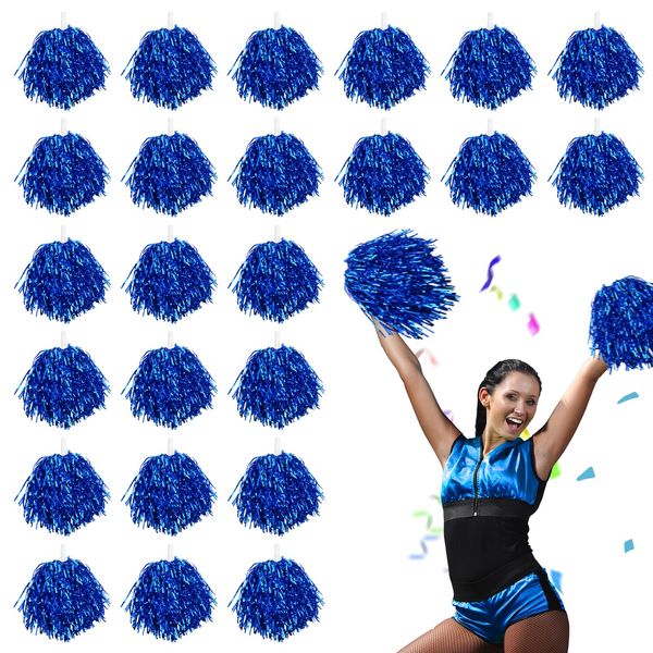 Ruizhihu 24pcs Metallic Pom Poms Cheerleading with Baton Handle Cheer Pom Poms for Kids Adults Cheering Party Dance Sportsteam Spirit Sports（Blue）